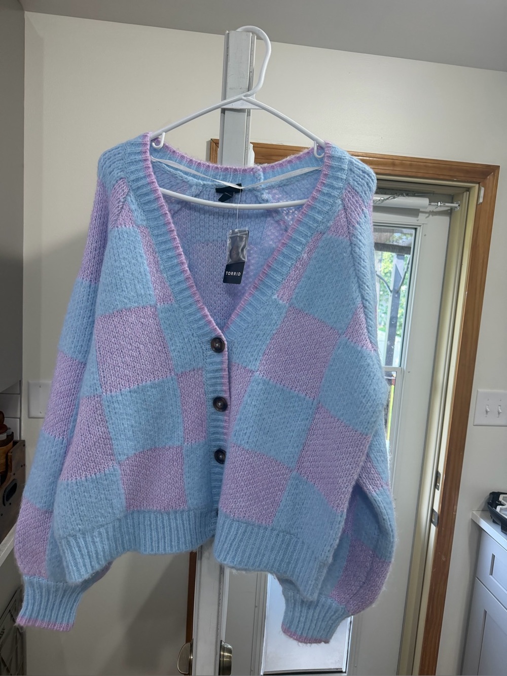 TORRID Blue & Lavender Checkered V-Neck Button Cardigan Sweater